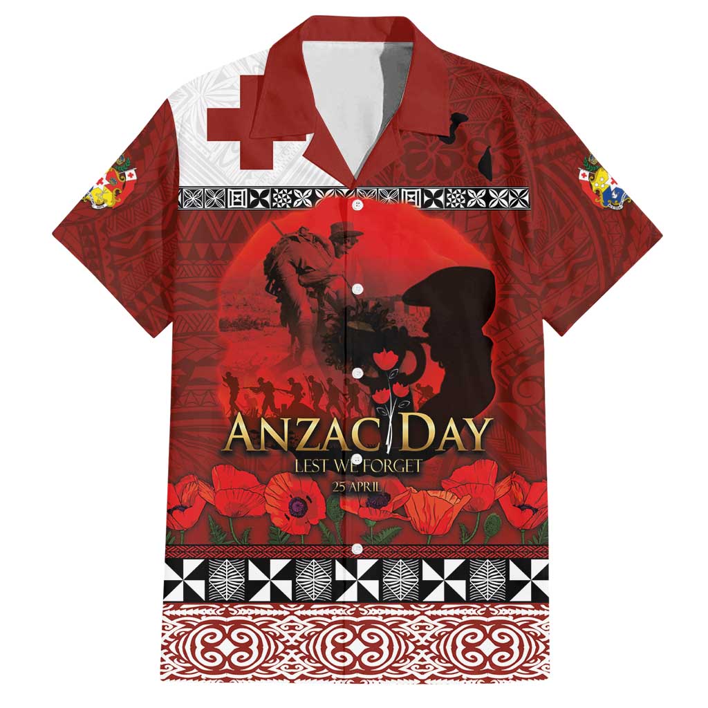 Tonga ANZAC Day Family Matching Summer Maxi Dress and Hawaiian Shirt Gallipoli Lest We Forget Ngatu Art Tribal LT03 Dad's Shirt - Short Sleeve Red - Polynesian Pride
