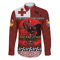 Tonga ANZAC Day Family Matching Summer Maxi Dress and Hawaiian Shirt Gallipoli Lest We Forget Ngatu Art Tribal LT03 Dad's Shirt - Long Sleeve Red - Polynesian Pride