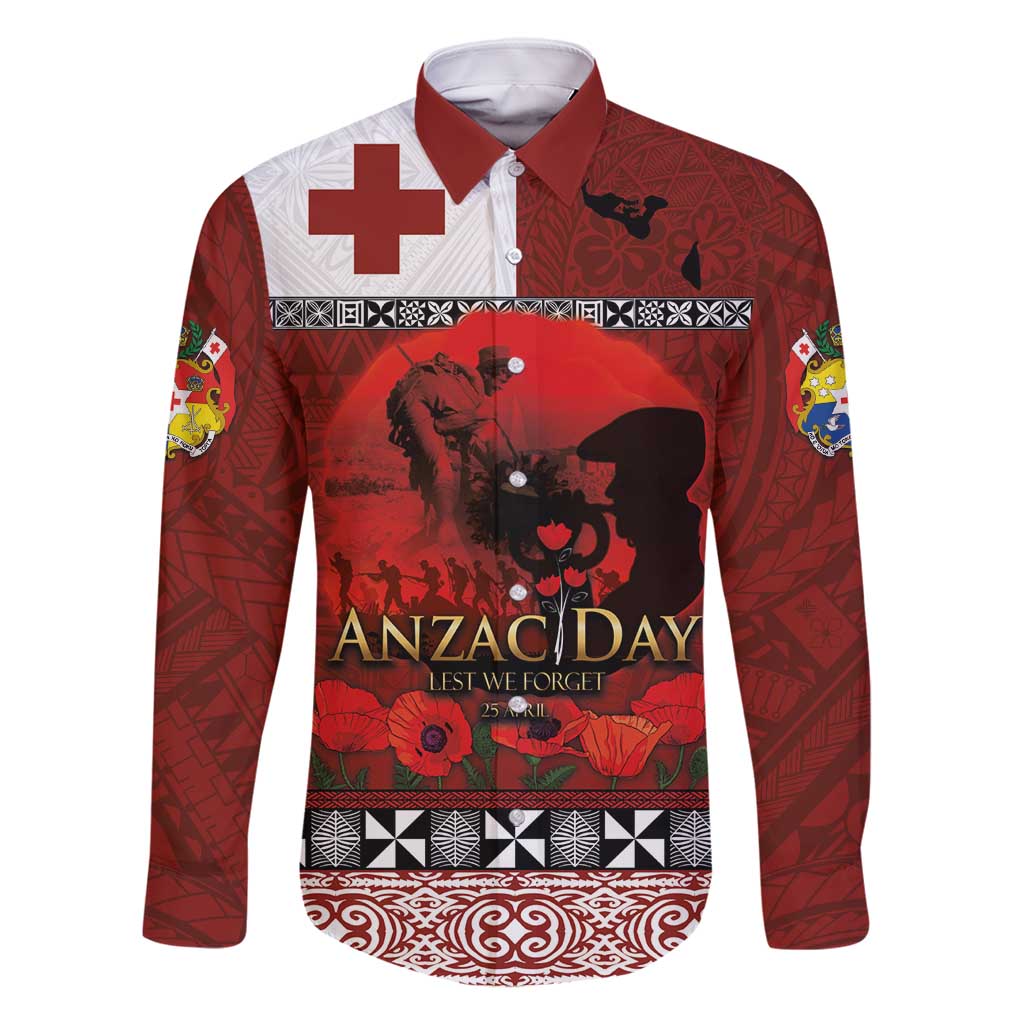 Tonga ANZAC Day Family Matching Tank Maxi Dress and Hawaiian Shirt Gallipoli Lest We Forget Ngatu Art Tribal LT03 Dad's Shirt - Long Sleeve Red - Polynesian Pride