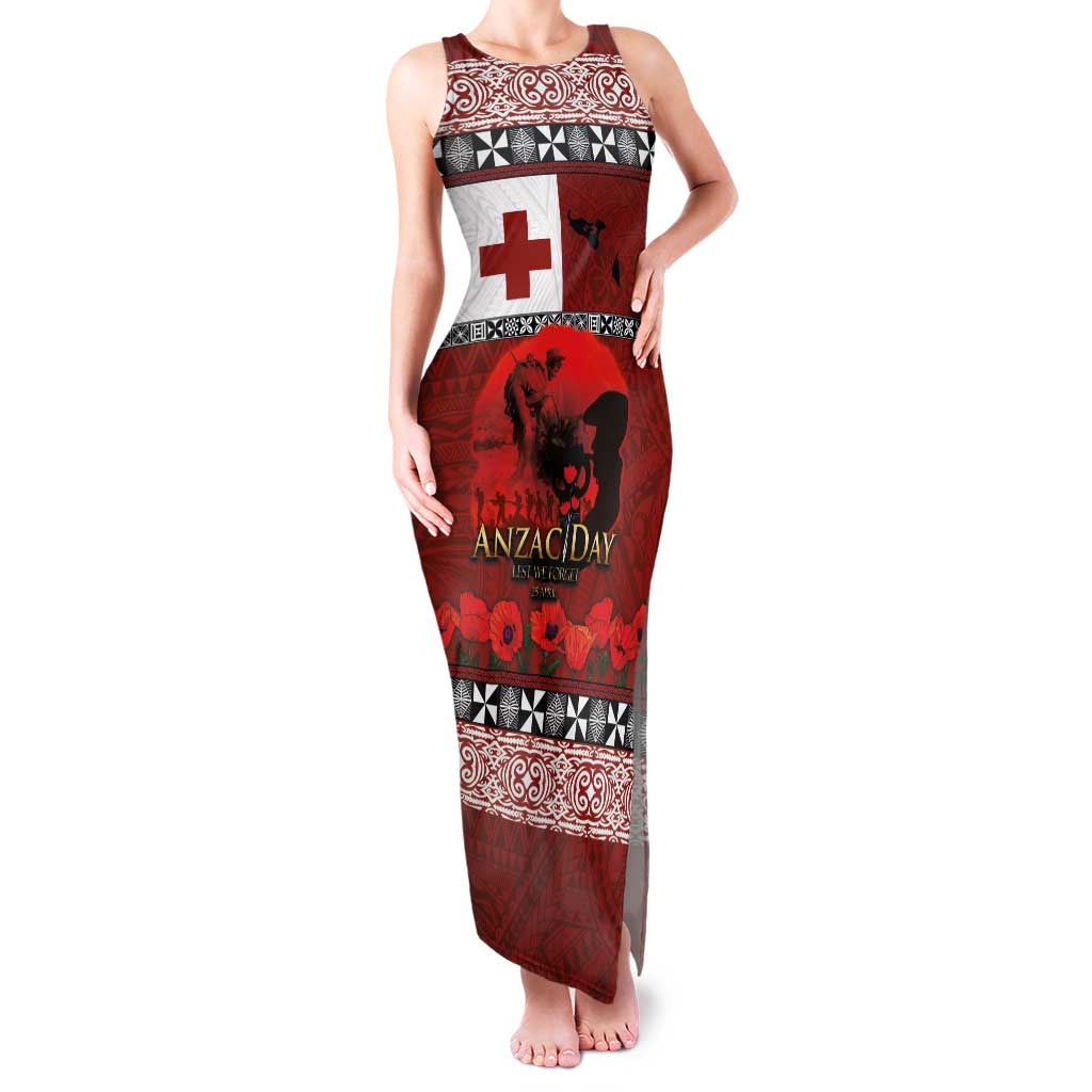 Tonga ANZAC Day Family Matching Tank Maxi Dress and Hawaiian Shirt Gallipoli Lest We Forget Ngatu Art Tribal LT03 Mom's Dress Red - Polynesian Pride