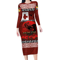 Tonga ANZAC Day Long Sleeve Bodycon Dress Gallipoli Lest We Forget Ngatu Art Tribal LT03 Long Dress Red - Polynesian Pride