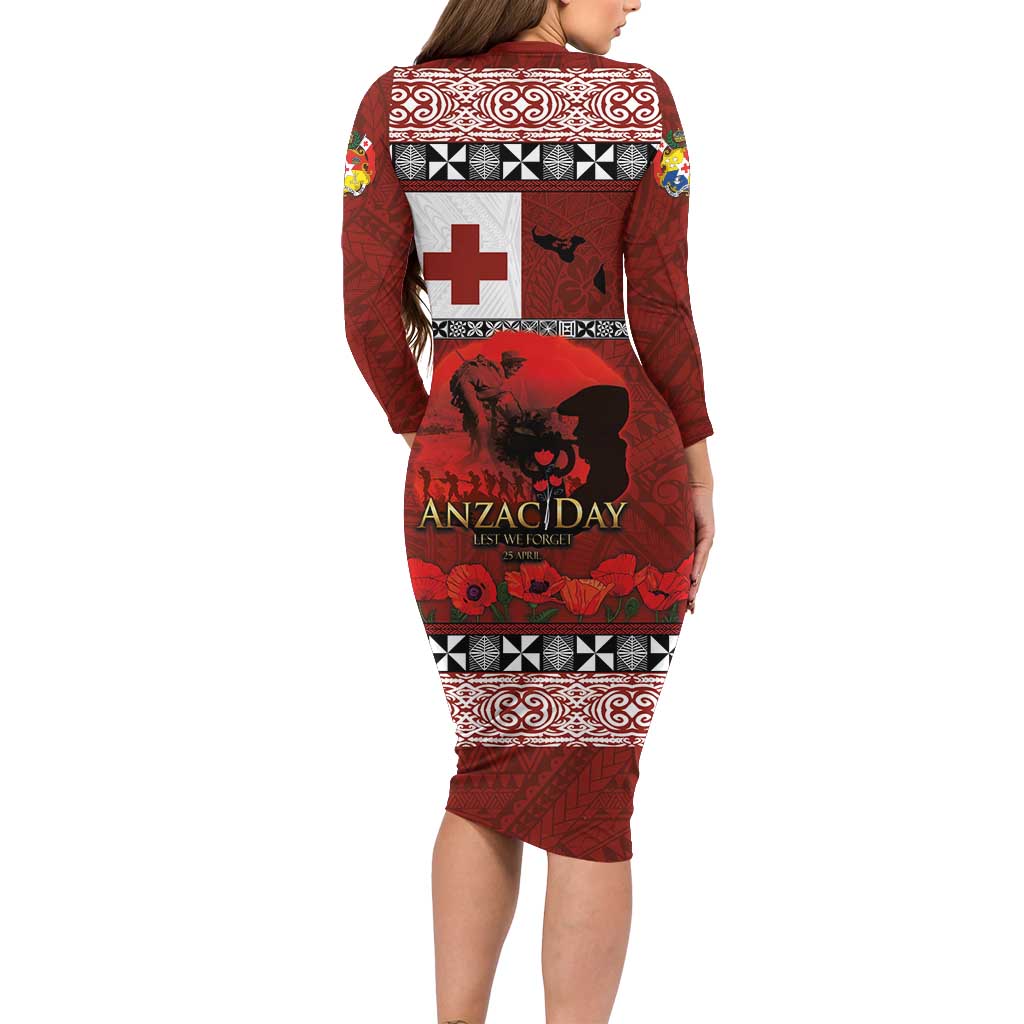 Tonga ANZAC Day Long Sleeve Bodycon Dress Gallipoli Lest We Forget Ngatu Art Tribal LT03 - Polynesian Pride
