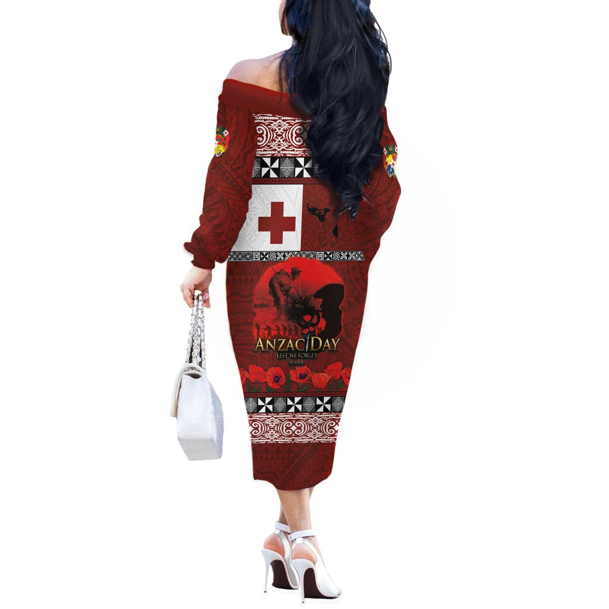 Tonga ANZAC Day Off The Shoulder Long Sleeve Dress Gallipoli Lest We Forget Ngatu Art Tribal LT03 - Polynesian Pride