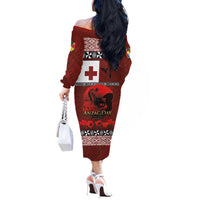 Tonga ANZAC Day Off The Shoulder Long Sleeve Dress Gallipoli Lest We Forget Ngatu Art Tribal LT03 - Polynesian Pride