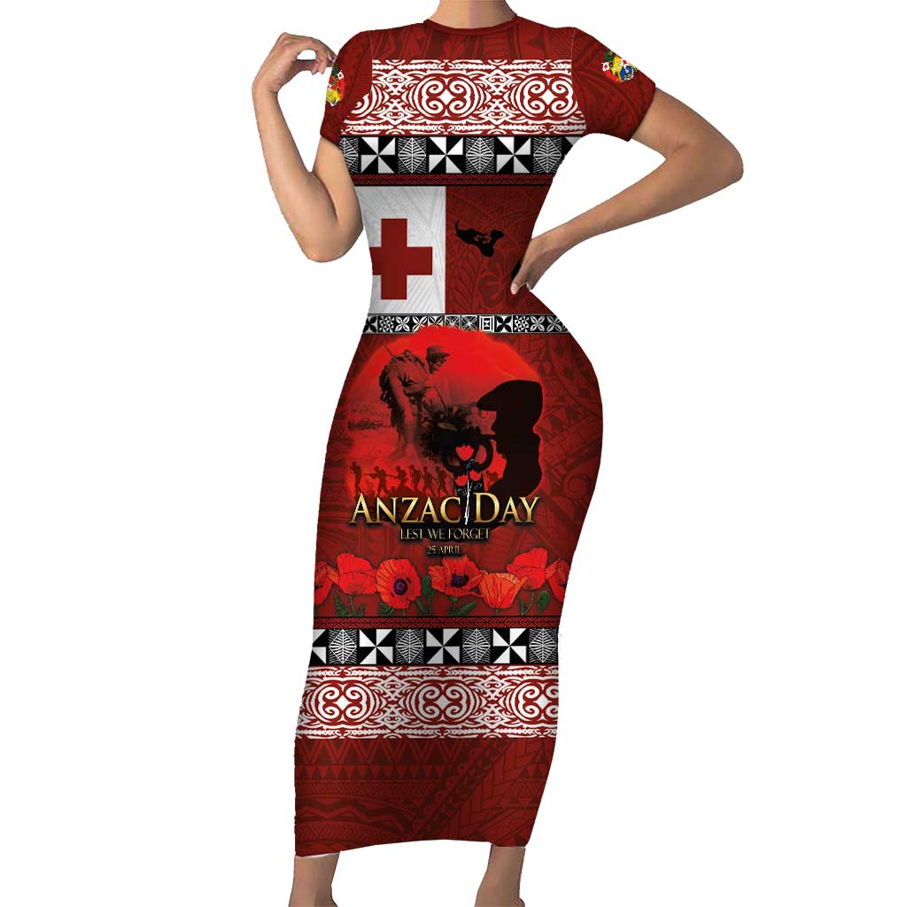 Tonga ANZAC Day Short Sleeve Bodycon Dress Gallipoli Lest We Forget Ngatu Art Tribal LT03 Long Dress Red - Polynesian Pride