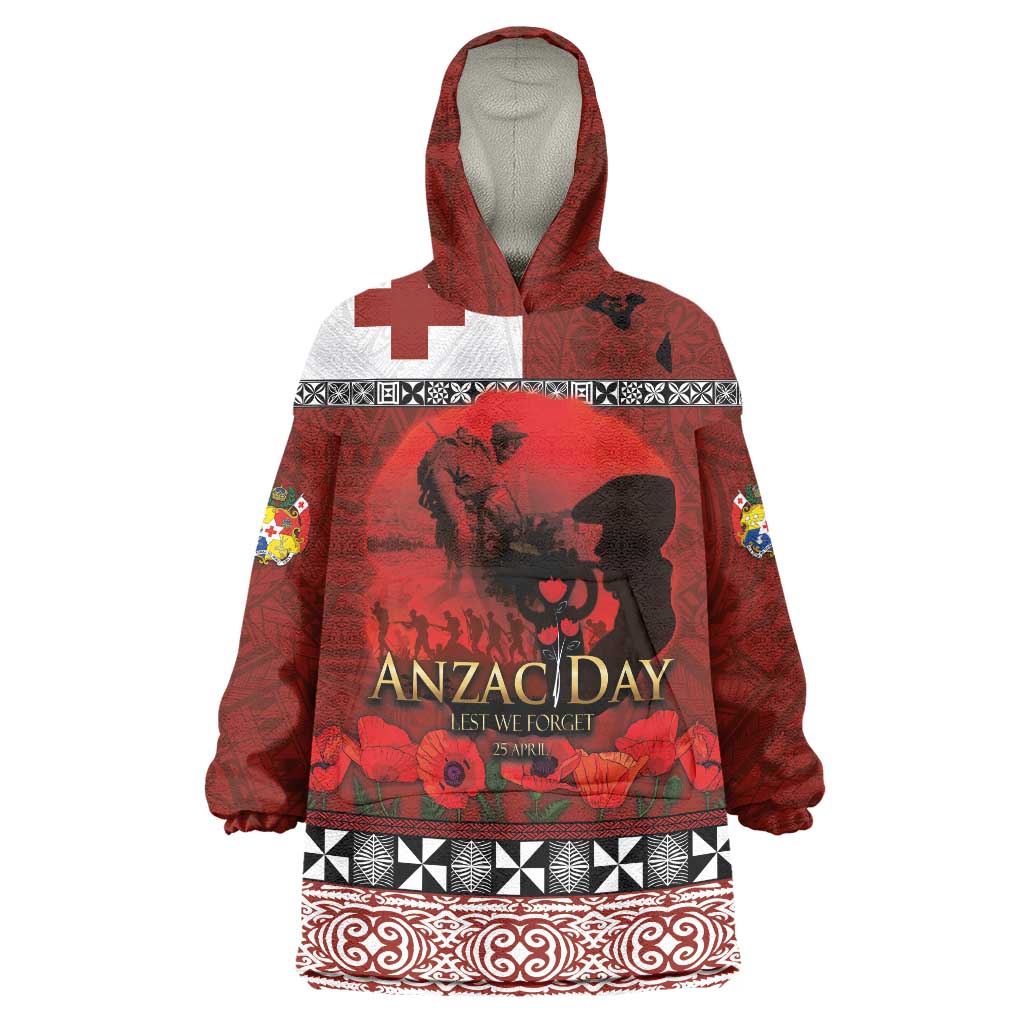 Tonga ANZAC Day Wearable Blanket Hoodie Gallipoli Lest We Forget Ngatu Art Tribal LT03 One Size Red - Polynesian Pride