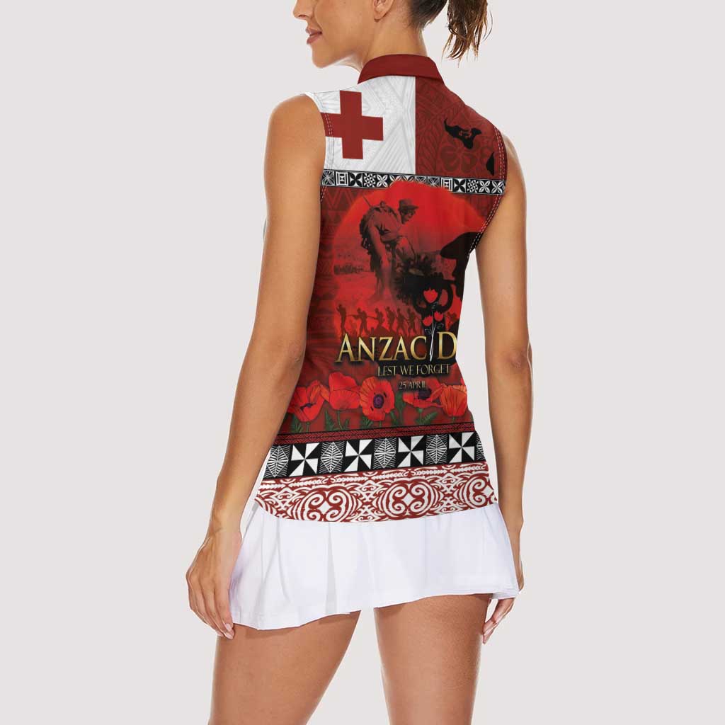 Tonga ANZAC Day Women Sleeveless Polo Shirt Gallipoli Lest We Forget Ngatu Art Tribal LT03 - Polynesian Pride