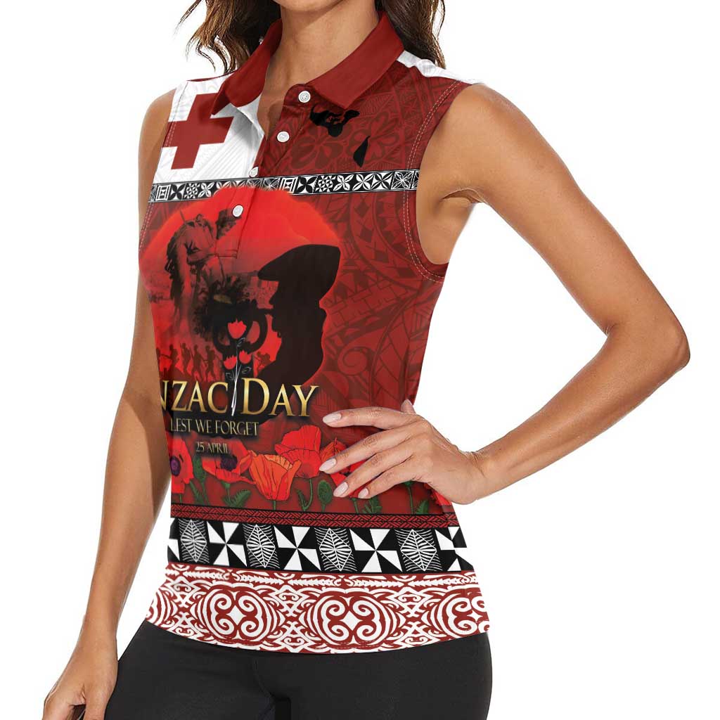 Tonga ANZAC Day Women Sleeveless Polo Shirt Gallipoli Lest We Forget Ngatu Art Tribal LT03 - Polynesian Pride