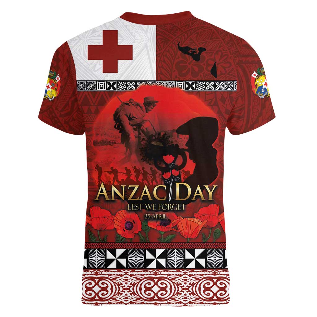Tonga ANZAC Day Women V-Neck T-Shirt Gallipoli Lest We Forget Ngatu Art Tribal LT03 - Polynesian Pride