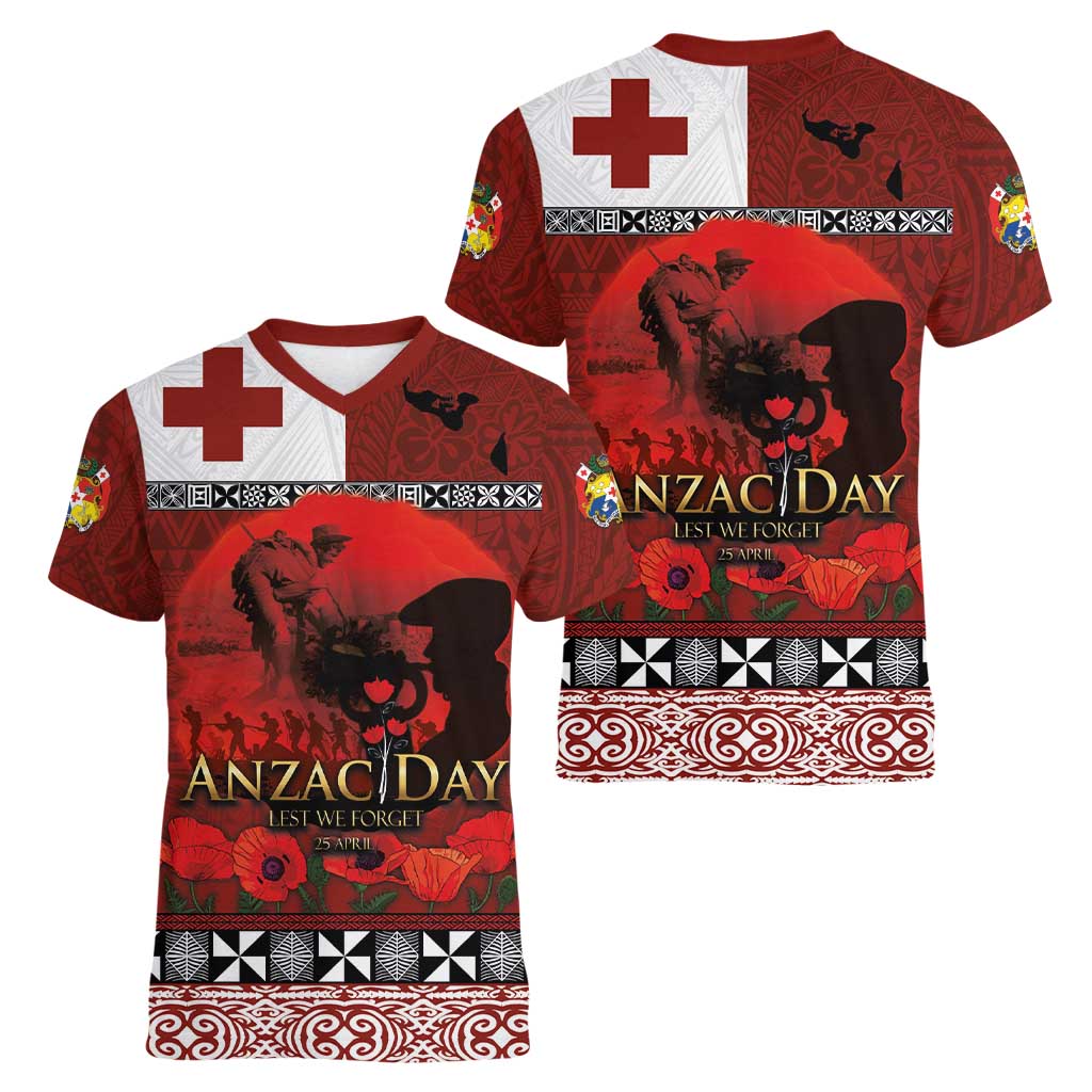 Tonga ANZAC Day Women V-Neck T-Shirt Gallipoli Lest We Forget Ngatu Art Tribal LT03 - Polynesian Pride