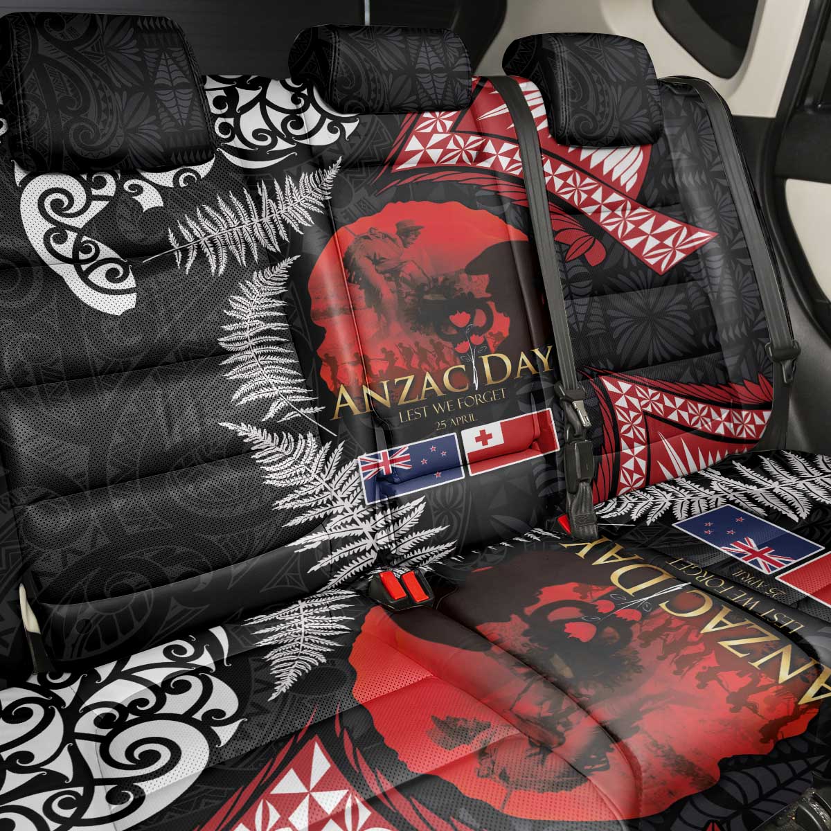 Tonga and New Zealand ANZAC Day Back Car Seat Cover Gallipoli Lest We Forget Ngatu Art Tribal and Maori Tattoo with Fern LT03 - Polynesian Pride