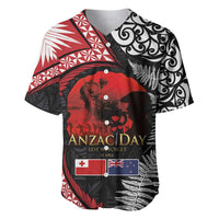 Tonga and New Zealand ANZAC Day Baseball Jersey Gallipoli Lest We Forget Ngatu Art Tribal and Maori Tattoo with Fern LT03 Black - Polynesian Pride