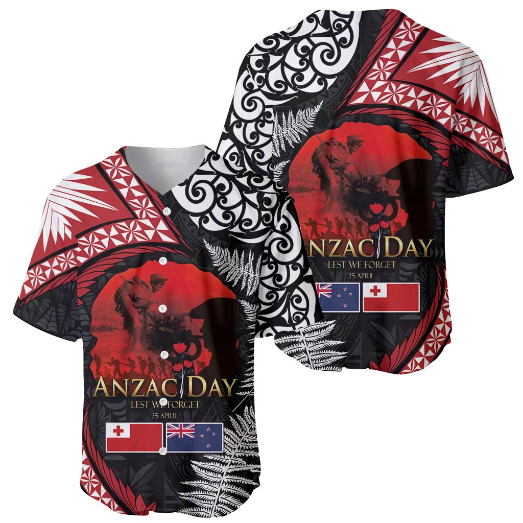 Tonga and New Zealand ANZAC Day Baseball Jersey Gallipoli Lest We Forget Ngatu Art Tribal and Maori Tattoo with Fern LT03 - Polynesian Pride