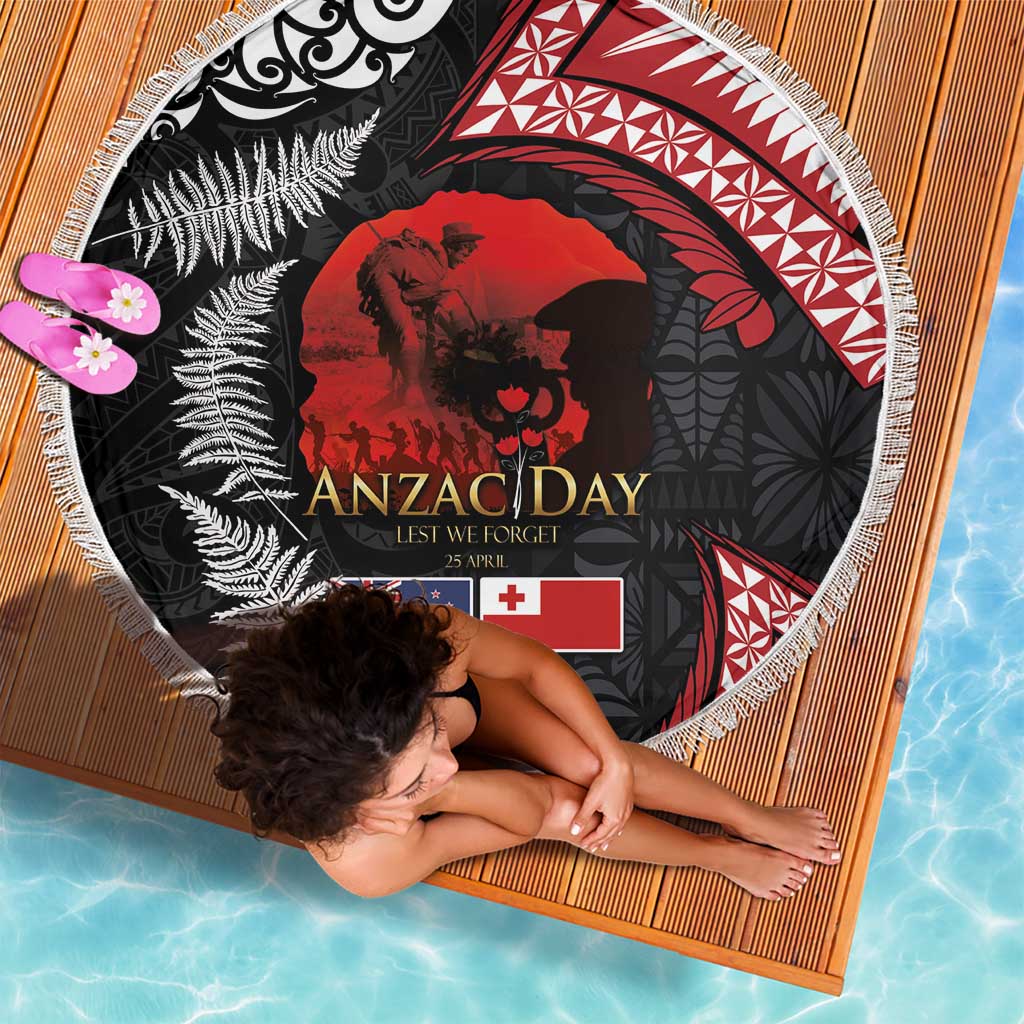 Tonga and New Zealand ANZAC Day Beach Blanket Gallipoli Lest We Forget Ngatu Art Tribal and Maori Tattoo with Fern LT03 - Polynesian Pride