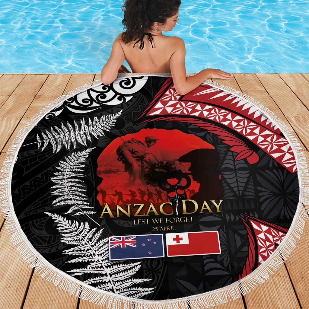 Tonga and New Zealand ANZAC Day Beach Blanket Gallipoli Lest We Forget Ngatu Art Tribal and Maori Tattoo with Fern LT03 - Polynesian Pride