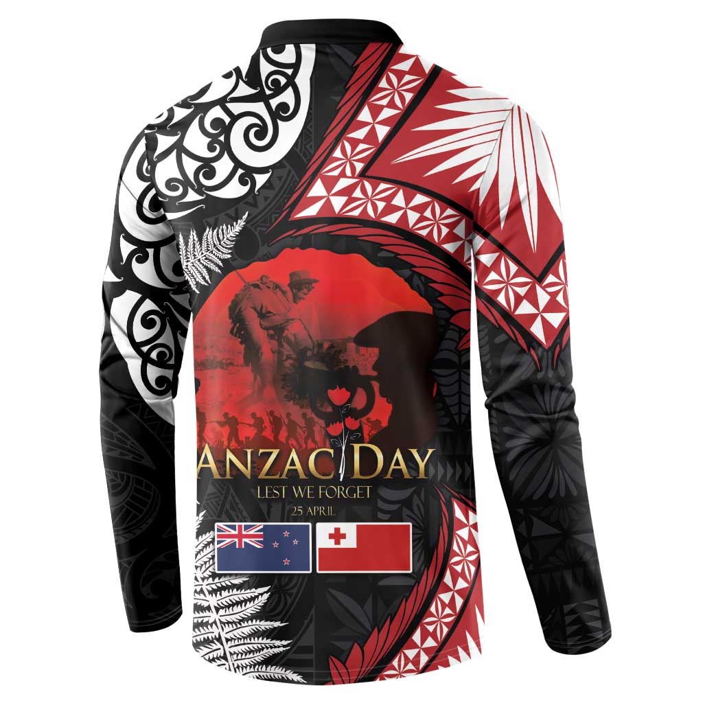 Tonga and New Zealand ANZAC Day Button Sweatshirt Gallipoli Lest We Forget Ngatu Art Tribal and Maori Tattoo with Fern LT03 - Polynesian Pride