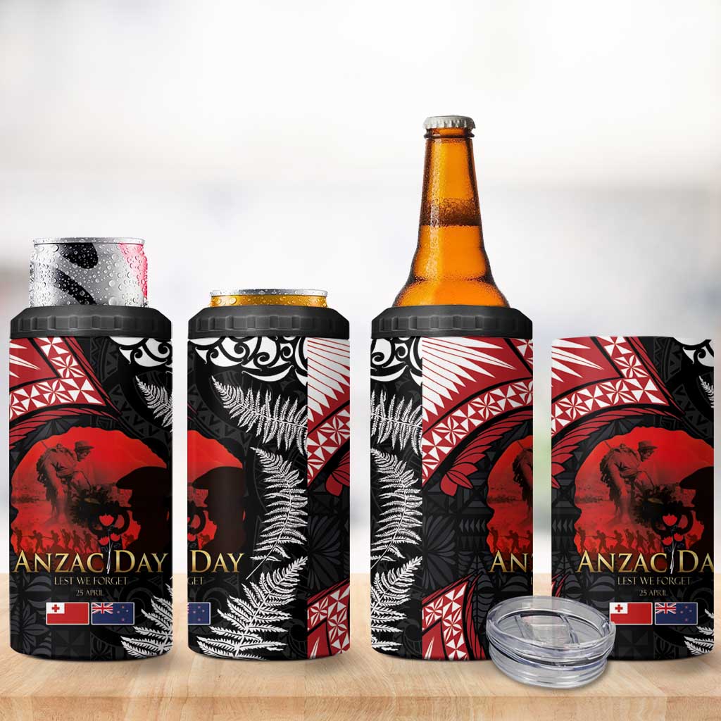 Tonga and New Zealand ANZAC Day 4 in 1 Can Cooler Tumbler Gallipoli Lest We Forget-Ngatu Art Tribal and Maori Tattoo with Fern LT03 - Polynesian Pride