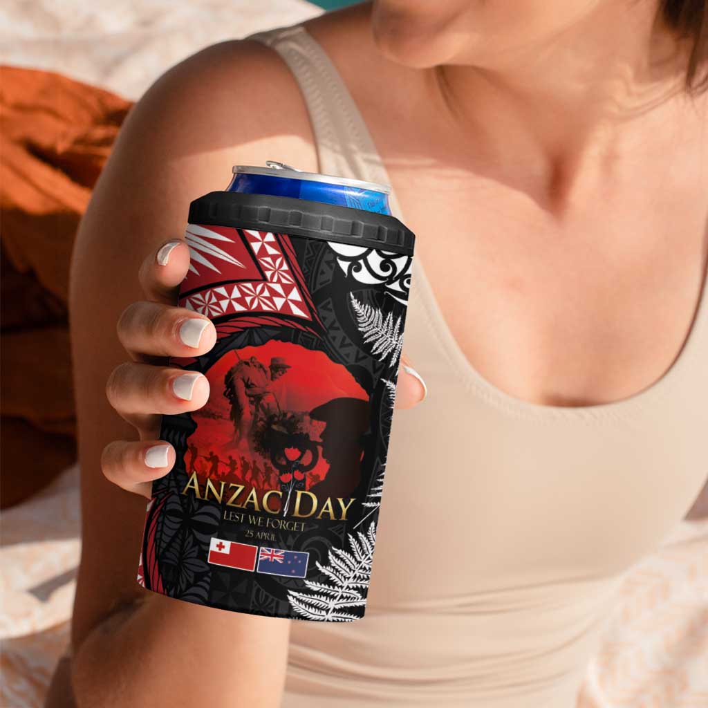 Tonga and New Zealand ANZAC Day 4 in 1 Can Cooler Tumbler Gallipoli Lest We Forget-Ngatu Art Tribal and Maori Tattoo with Fern LT03 - Polynesian Pride
