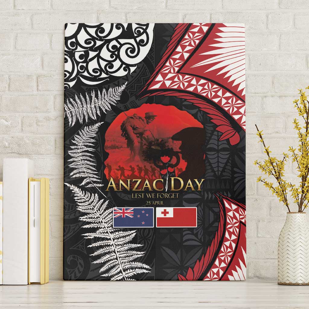 Tonga and New Zealand ANZAC Day Canvas Wall Art Gallipoli Lest We Forget Ngatu Art Tribal and Maori Tattoo with Fern LT03 Without Frame Black - Polynesian Pride