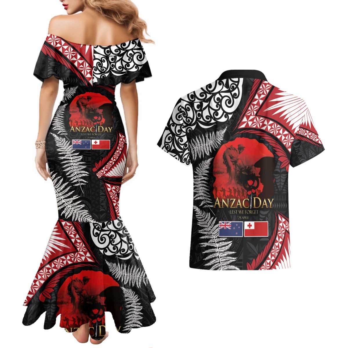 Tonga and New Zealand ANZAC Day Couples Matching Mermaid Dress and Hawaiian Shirt Gallipoli Lest We Forget Ngatu Art Tribal and Maori Tattoo with Fern LT03 - Polynesian Pride