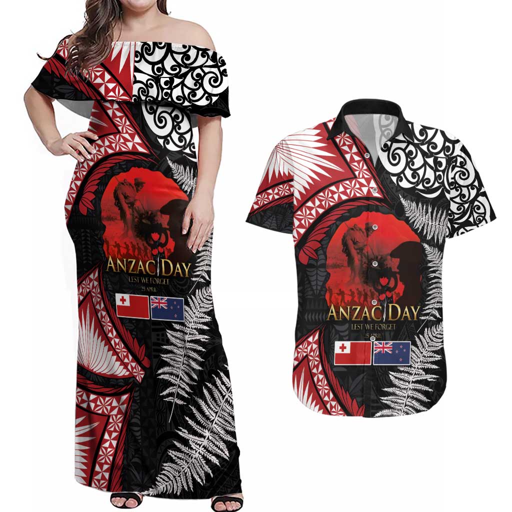 Tonga and New Zealand ANZAC Day Couples Matching Off Shoulder Maxi Dress and Hawaiian Shirt Gallipoli Lest We Forget Ngatu Art Tribal and Maori Tattoo with Fern LT03 Black - Polynesian Pride