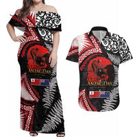 Tonga and New Zealand ANZAC Day Couples Matching Off Shoulder Maxi Dress and Hawaiian Shirt Gallipoli Lest We Forget Ngatu Art Tribal and Maori Tattoo with Fern LT03 Black - Polynesian Pride