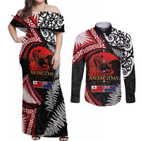 Tonga and New Zealand ANZAC Day Couples Matching Off Shoulder Maxi Dress and Long Sleeve Button Shirt Gallipoli Lest We Forget Ngatu Art Tribal and Maori Tattoo with Fern LT03 Black - Polynesian Pride