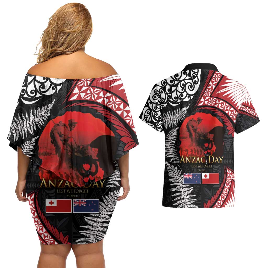 Tonga and New Zealand ANZAC Day Couples Matching Off Shoulder Short Dress and Hawaiian Shirt Gallipoli Lest We Forget Ngatu Art Tribal and Maori Tattoo with Fern LT03 - Polynesian Pride