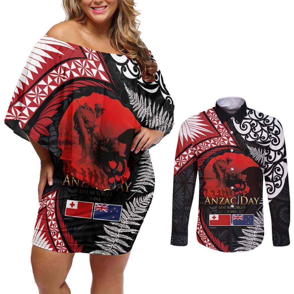 Tonga and New Zealand ANZAC Day Couples Matching Off Shoulder Short Dress and Long Sleeve Button Shirt Gallipoli Lest We Forget Ngatu Art Tribal and Maori Tattoo with Fern LT03 Black - Polynesian Pride