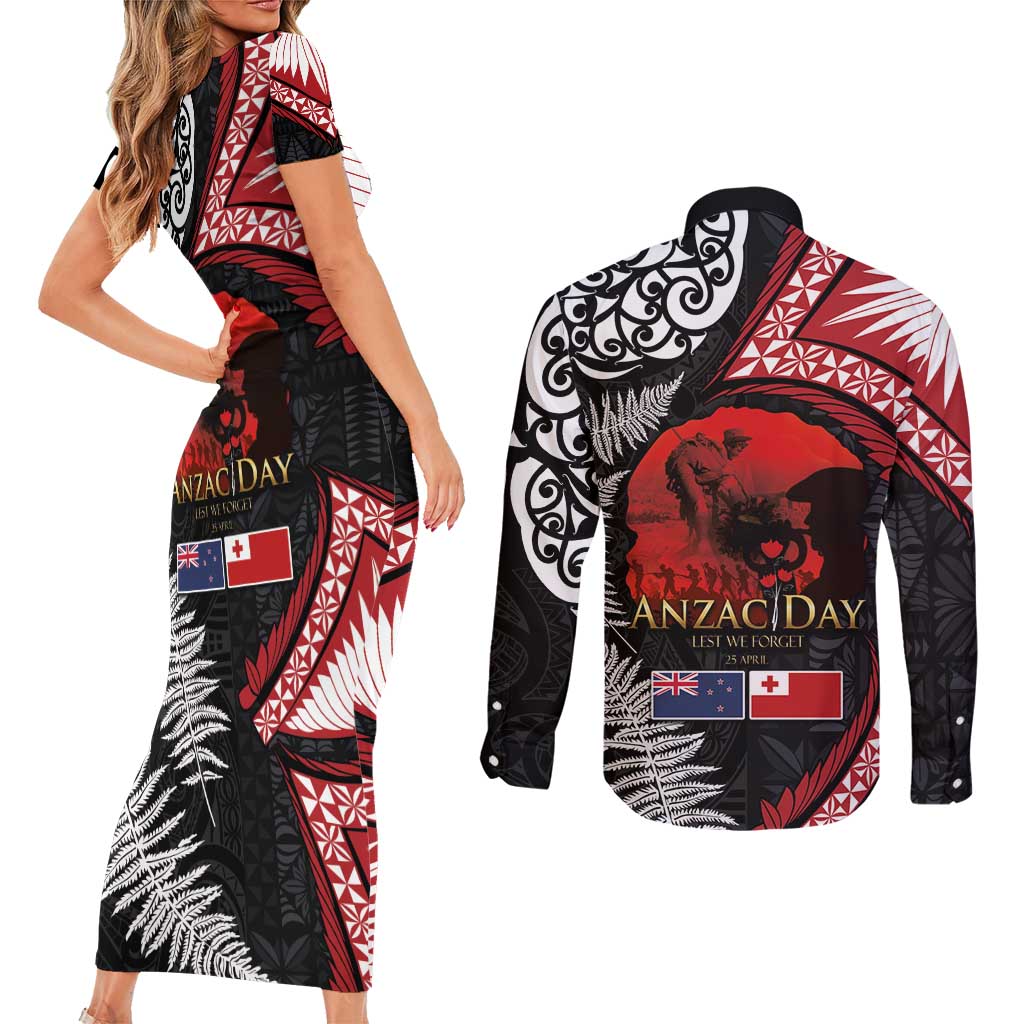 Tonga and New Zealand ANZAC Day Couples Matching Short Sleeve Bodycon Dress and Long Sleeve Button Shirt Gallipoli Lest We Forget Ngatu Art Tribal and Maori Tattoo with Fern LT03 - Polynesian Pride
