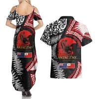 Tonga and New Zealand ANZAC Day Couples Matching Summer Maxi Dress and Hawaiian Shirt Gallipoli Lest We Forget Ngatu Art Tribal and Maori Tattoo with Fern LT03 - Polynesian Pride