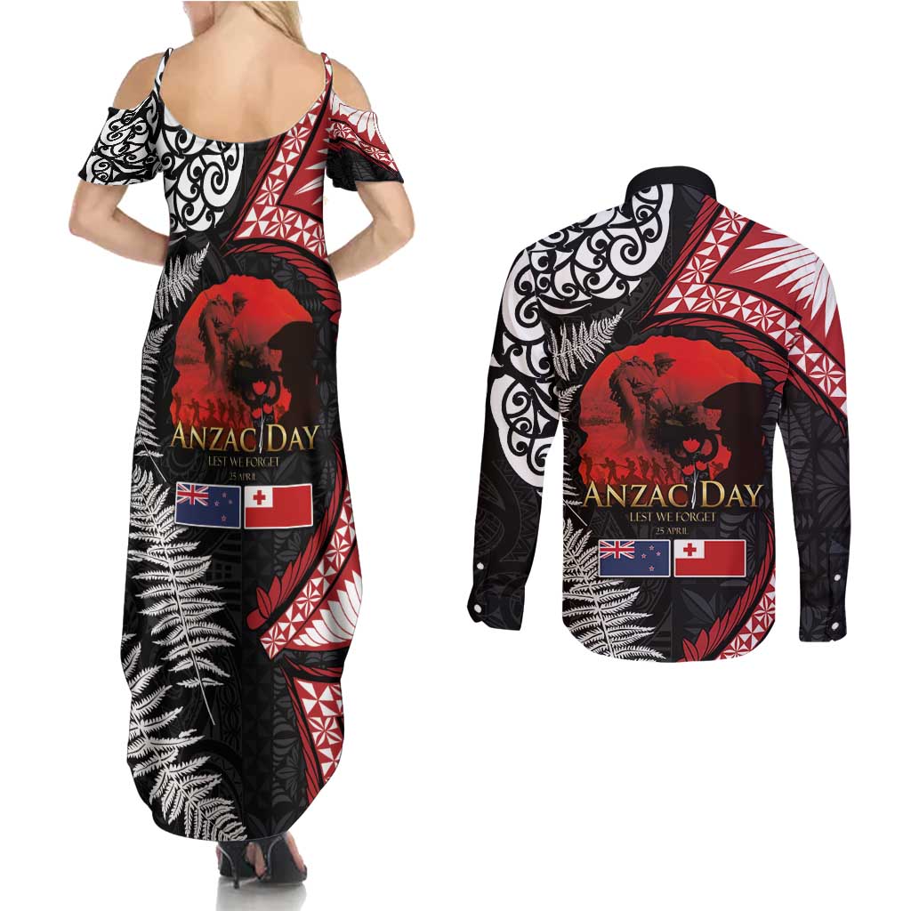 Tonga and New Zealand ANZAC Day Couples Matching Summer Maxi Dress and Long Sleeve Button Shirt Gallipoli Lest We Forget Ngatu Art Tribal and Maori Tattoo with Fern LT03 - Polynesian Pride