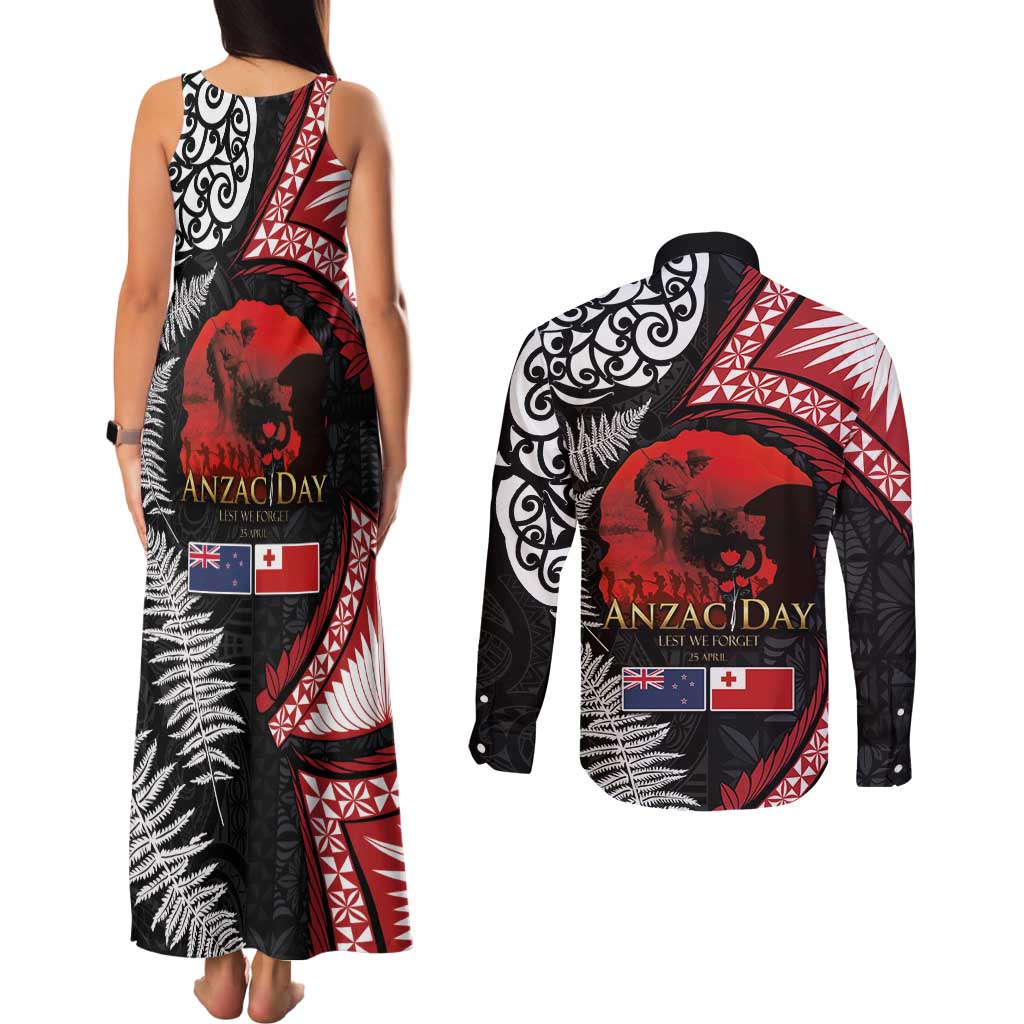 Tonga and New Zealand ANZAC Day Couples Matching Tank Maxi Dress and Long Sleeve Button Shirt Gallipoli Lest We Forget Ngatu Art Tribal and Maori Tattoo with Fern LT03 - Polynesian Pride
