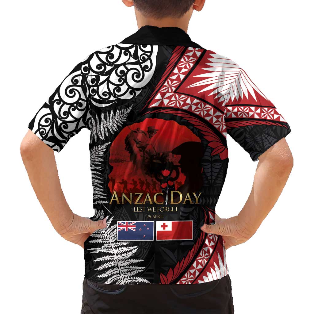 Tonga and New Zealand ANZAC Day Family Matching Long Sleeve Bodycon Dress and Hawaiian Shirt Gallipoli Lest We Forget Ngatu Art Tribal and Maori Tattoo with Fern LT03 - Polynesian Pride