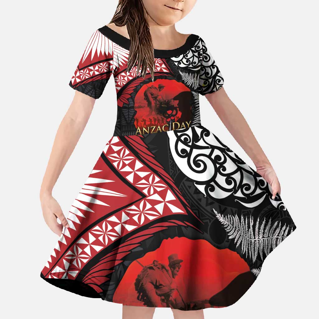 Tonga and New Zealand ANZAC Day Family Matching Long Sleeve Bodycon Dress and Hawaiian Shirt Gallipoli Lest We Forget Ngatu Art Tribal and Maori Tattoo with Fern LT03 Daughter's Dress Black - Polynesian Pride