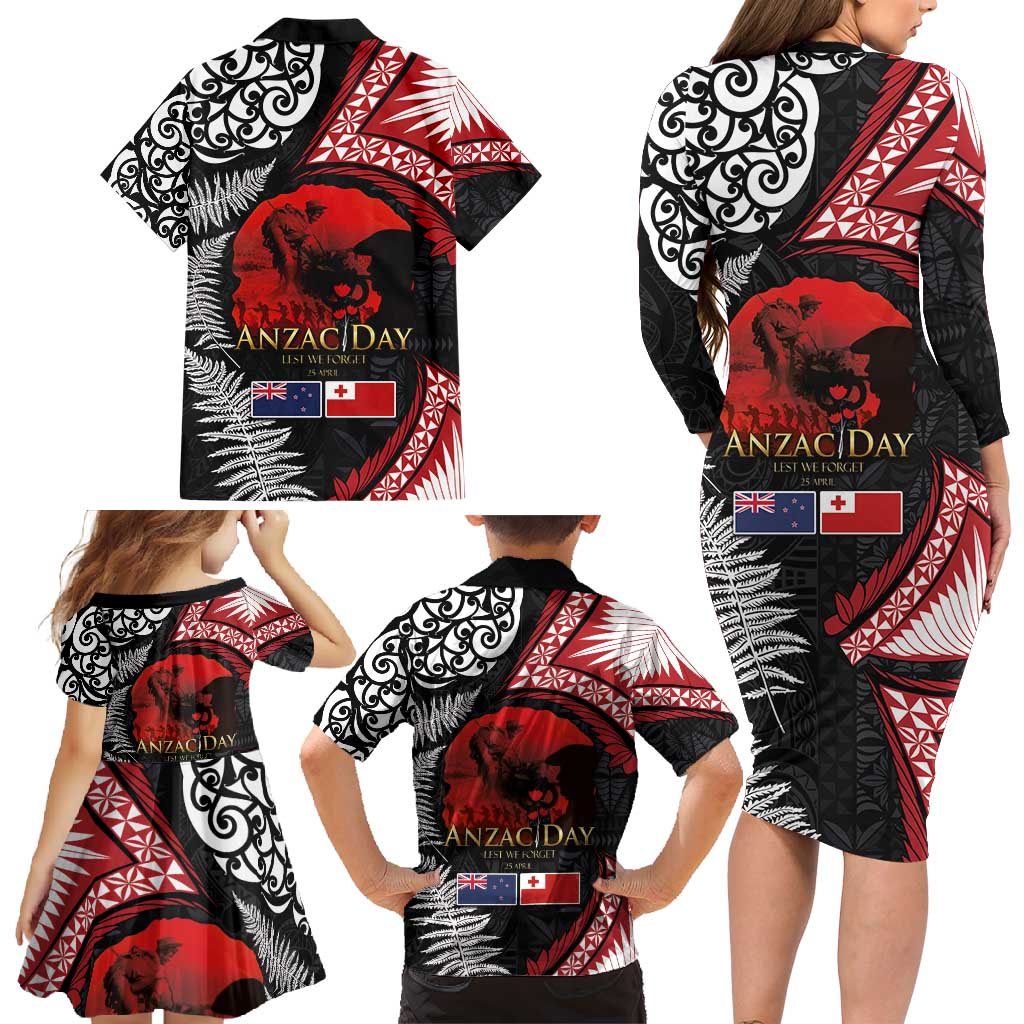 Tonga and New Zealand ANZAC Day Family Matching Long Sleeve Bodycon Dress and Hawaiian Shirt Gallipoli Lest We Forget Ngatu Art Tribal and Maori Tattoo with Fern LT03 - Polynesian Pride