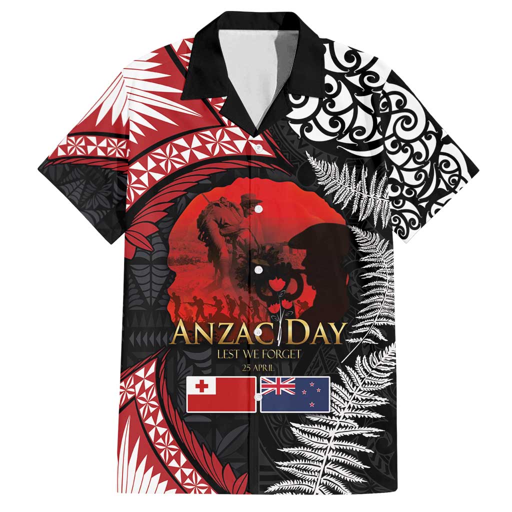 Tonga and New Zealand ANZAC Day Family Matching Long Sleeve Bodycon Dress and Hawaiian Shirt Gallipoli Lest We Forget Ngatu Art Tribal and Maori Tattoo with Fern LT03 Dad's Shirt - Short Sleeve Black - Polynesian Pride
