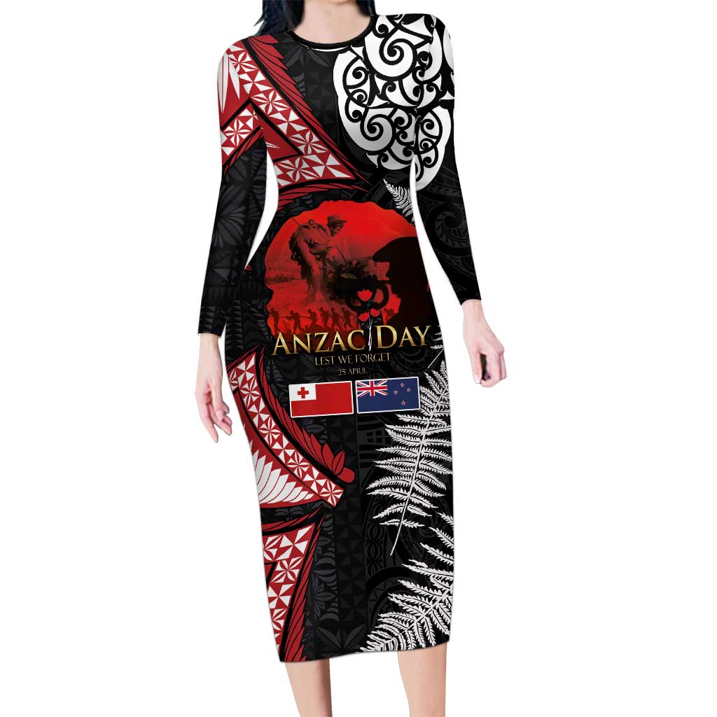 Tonga and New Zealand ANZAC Day Family Matching Long Sleeve Bodycon Dress and Hawaiian Shirt Gallipoli Lest We Forget Ngatu Art Tribal and Maori Tattoo with Fern LT03 Mom's Dress Black - Polynesian Pride