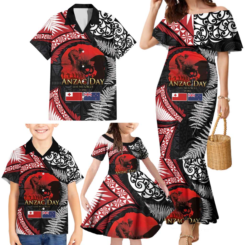 Tonga and New Zealand ANZAC Day Family Matching Mermaid Dress and Hawaiian Shirt Gallipoli Lest We Forget Ngatu Art Tribal and Maori Tattoo with Fern LT03 - Polynesian Pride