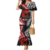 Tonga and New Zealand ANZAC Day Family Matching Mermaid Dress and Hawaiian Shirt Gallipoli Lest We Forget Ngatu Art Tribal and Maori Tattoo with Fern LT03 Mom's Dress Black - Polynesian Pride
