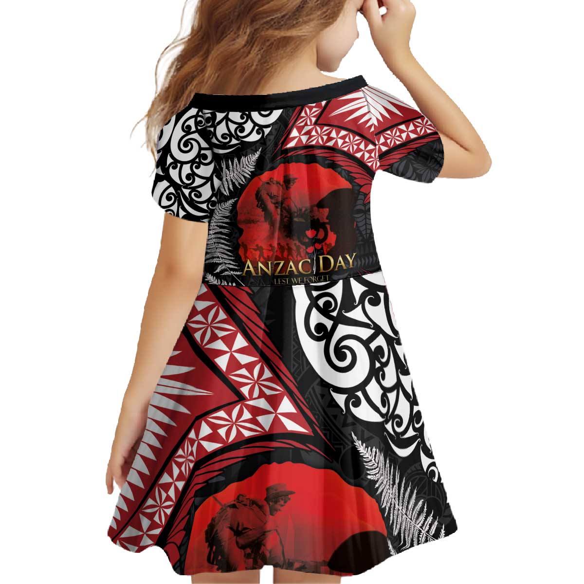 Tonga and New Zealand ANZAC Day Family Matching Off The Shoulder Long Sleeve Dress and Hawaiian Shirt Gallipoli Lest We Forget Ngatu Art Tribal and Maori Tattoo with Fern LT03 - Polynesian Pride