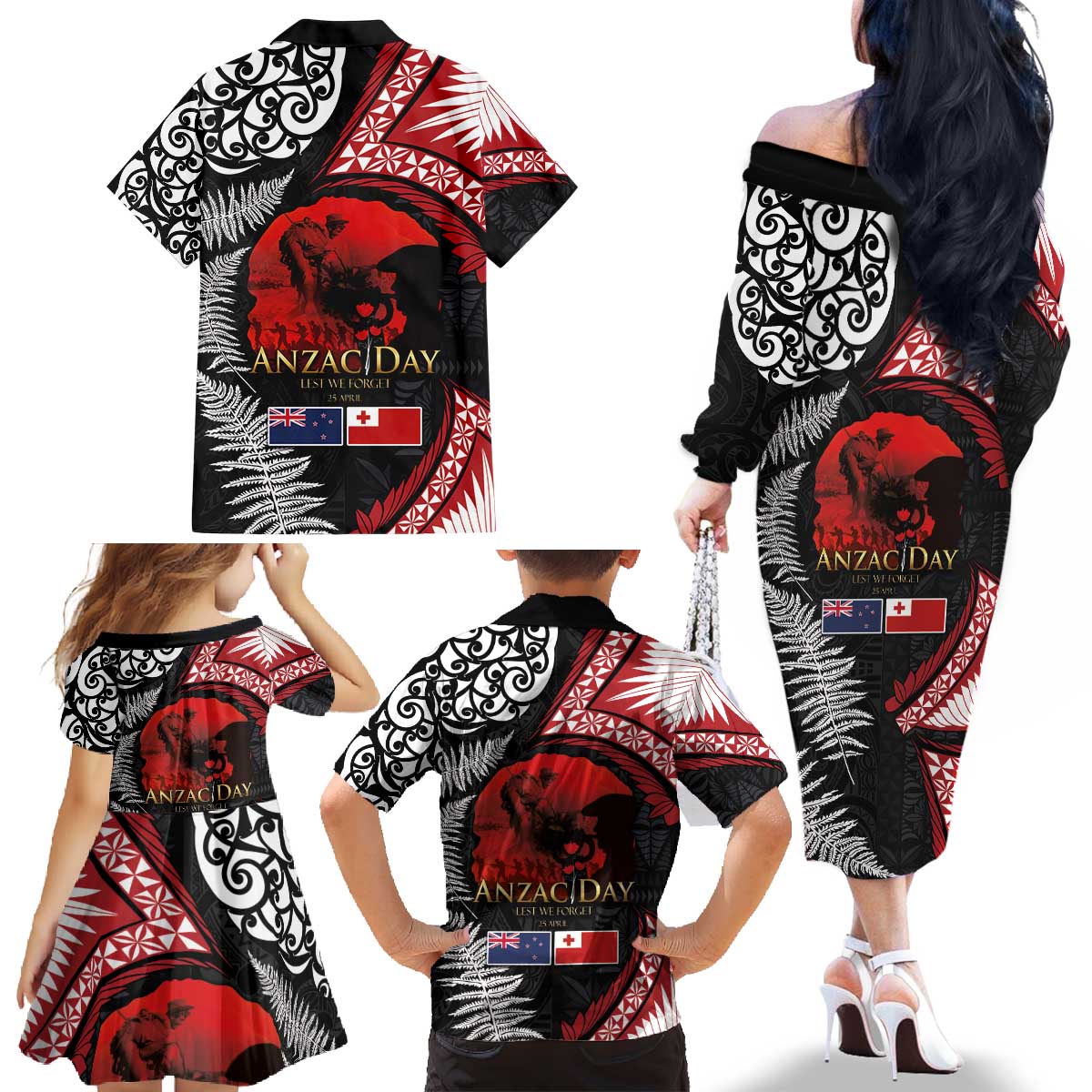 Tonga and New Zealand ANZAC Day Family Matching Off The Shoulder Long Sleeve Dress and Hawaiian Shirt Gallipoli Lest We Forget Ngatu Art Tribal and Maori Tattoo with Fern LT03 - Polynesian Pride
