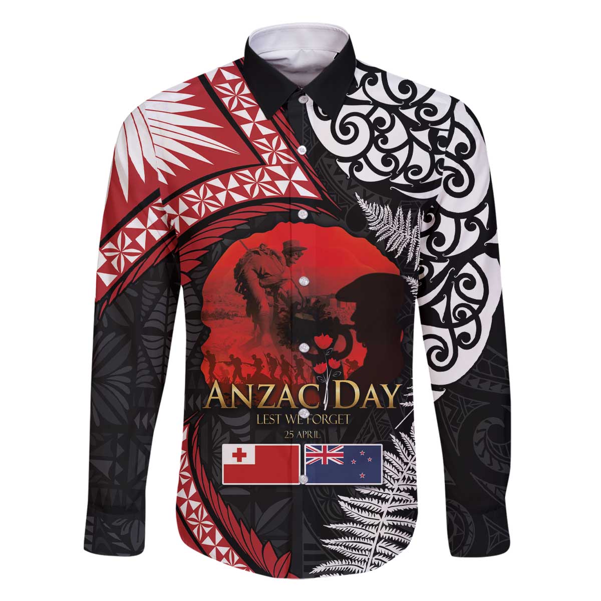 Tonga and New Zealand ANZAC Day Family Matching Off The Shoulder Long Sleeve Dress and Hawaiian Shirt Gallipoli Lest We Forget Ngatu Art Tribal and Maori Tattoo with Fern LT03 Dad's Shirt - Long Sleeve Black - Polynesian Pride