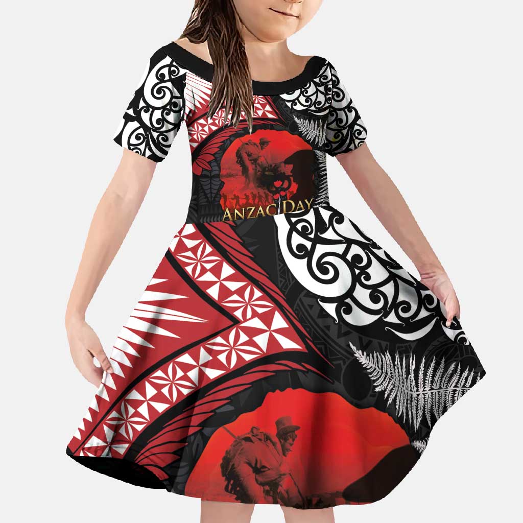 Tonga and New Zealand ANZAC Day Family Matching Off Shoulder Maxi Dress and Hawaiian Shirt Gallipoli Lest We Forget Ngatu Art Tribal and Maori Tattoo with Fern LT03 Daughter's Dress Black - Polynesian Pride