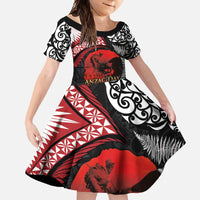 Tonga and New Zealand ANZAC Day Family Matching Off Shoulder Maxi Dress and Hawaiian Shirt Gallipoli Lest We Forget Ngatu Art Tribal and Maori Tattoo with Fern LT03 Daughter's Dress Black - Polynesian Pride
