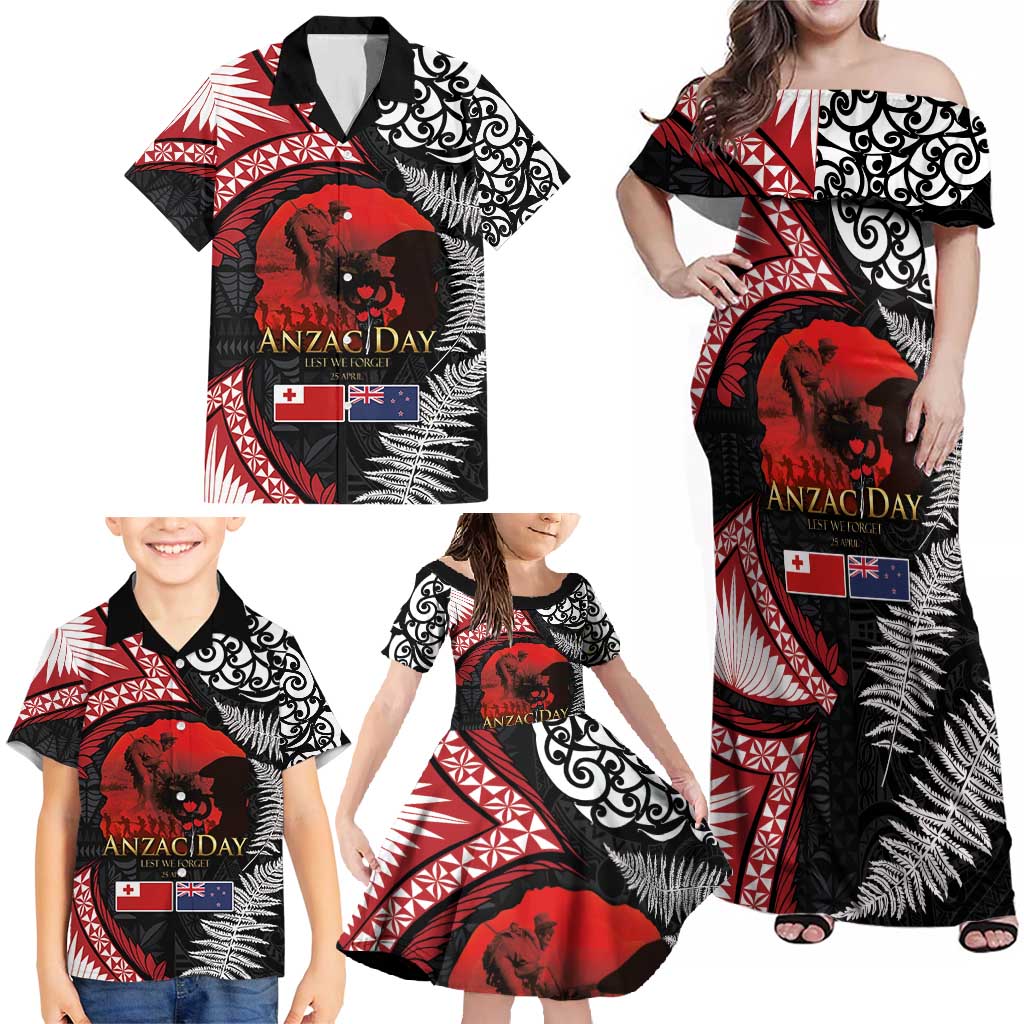 Tonga and New Zealand ANZAC Day Family Matching Off Shoulder Maxi Dress and Hawaiian Shirt Gallipoli Lest We Forget Ngatu Art Tribal and Maori Tattoo with Fern LT03 - Polynesian Pride