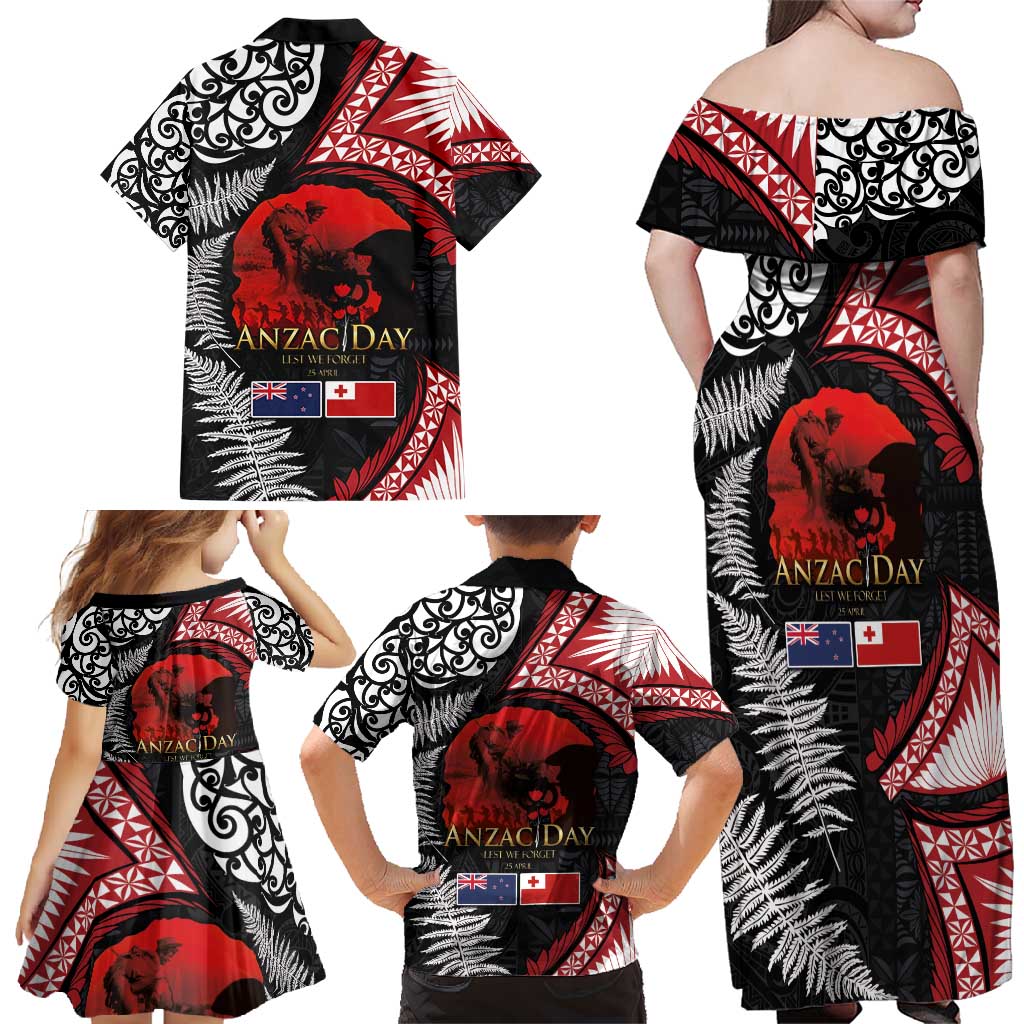 Tonga and New Zealand ANZAC Day Family Matching Off Shoulder Maxi Dress and Hawaiian Shirt Gallipoli Lest We Forget Ngatu Art Tribal and Maori Tattoo with Fern LT03 - Polynesian Pride