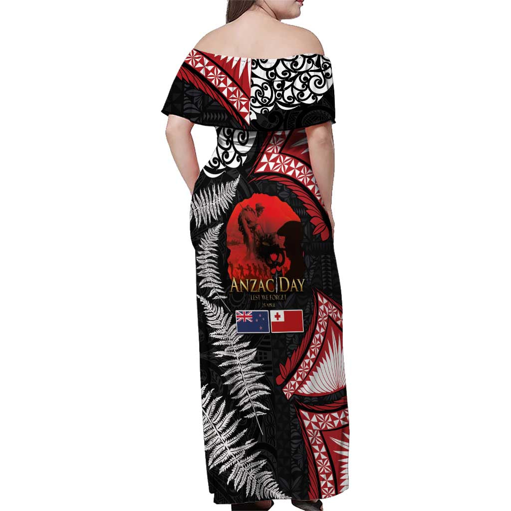 Tonga and New Zealand ANZAC Day Family Matching Off Shoulder Maxi Dress and Hawaiian Shirt Gallipoli Lest We Forget Ngatu Art Tribal and Maori Tattoo with Fern LT03 - Polynesian Pride