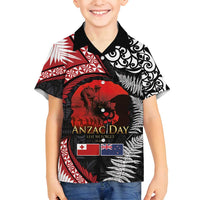 Tonga and New Zealand ANZAC Day Family Matching Off Shoulder Maxi Dress and Hawaiian Shirt Gallipoli Lest We Forget Ngatu Art Tribal and Maori Tattoo with Fern LT03 Son's Shirt Black - Polynesian Pride