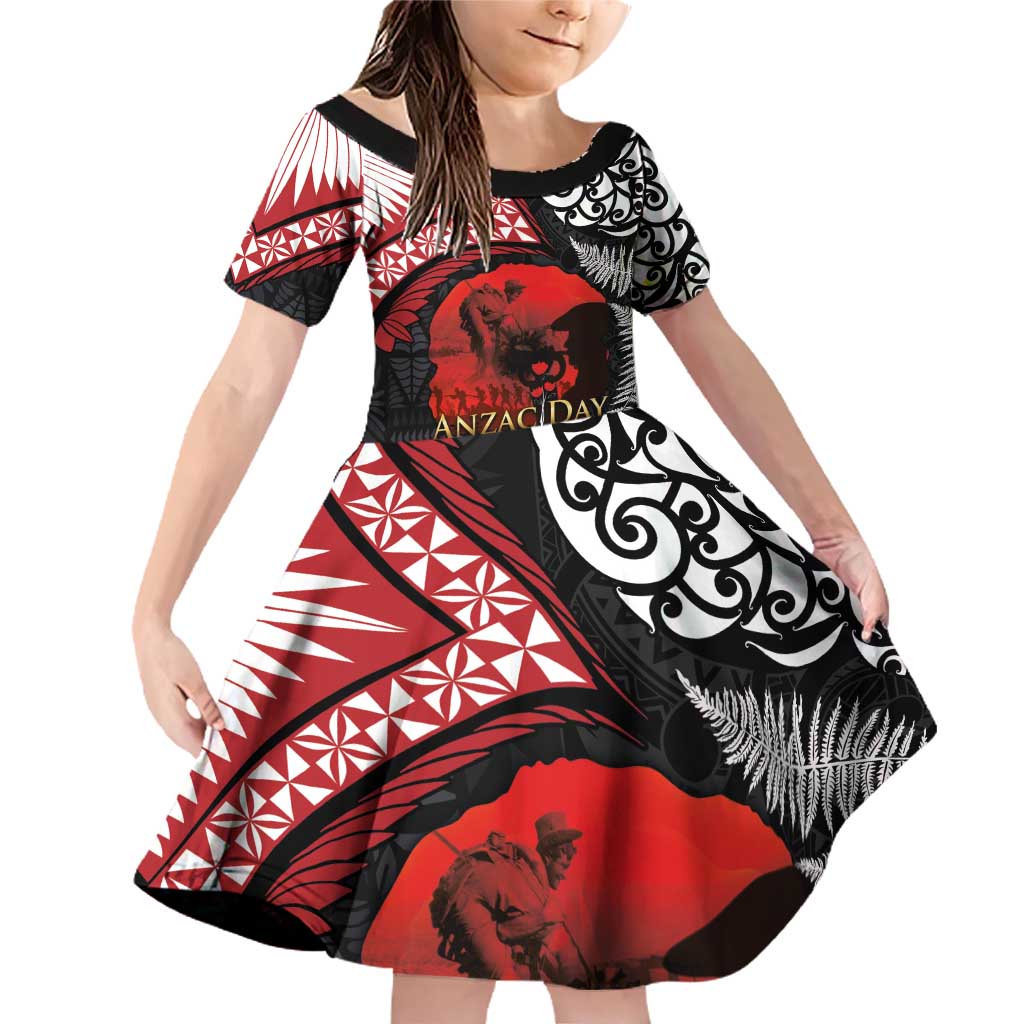 Tonga and New Zealand ANZAC Day Family Matching Off Shoulder Short Dress and Hawaiian Shirt Gallipoli Lest We Forget Ngatu Art Tribal and Maori Tattoo with Fern LT03 Daughter's Dress Black - Polynesian Pride